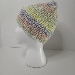 Handmade Unisex Crochet Knitted Beanie Hat White Multi Color 9 1/2"Rx8"D